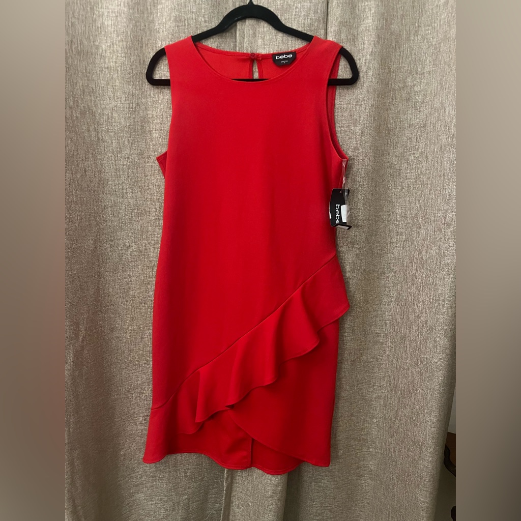 Bebe Red Asymmetrical Ruffled Sheath Dress